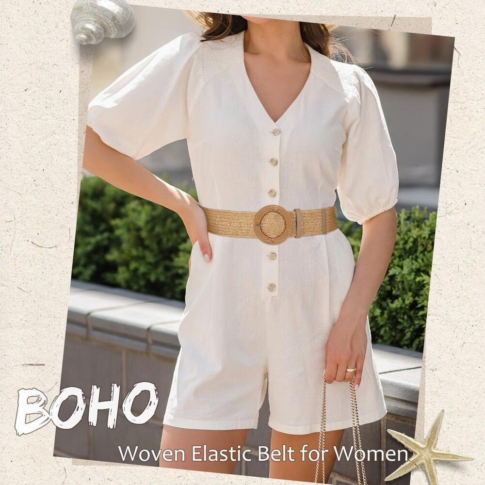 3852 Straw Woven Stretchy Belt For Women Dresses, Wide Boho Elastic Brown - Picture 4 of 6